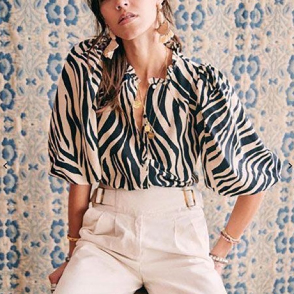 Sezane Anton Top Zebra Print Linen Cotton Puff Sleeve Blouse Size 38 / 6